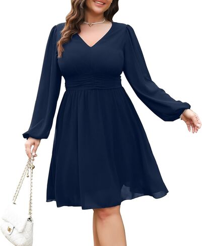 RWJ Women’s Plus Size Mini Dress 2025 Wrap V-Neck Empire Waist Long Sleeve Spring Trendy Elegant Flowy Chiffon Dresses in Saudi Arabia