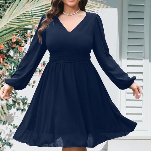 RWJ Women’s Plus Size Mini Dress 2025 Wrap V-Neck Empire Waist Long Sleeve Spring Trendy Elegant Flowy Chiffon Dresses in Saudi Arabia