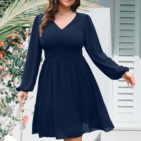 RWJ Women’s Plus Size Mini Dress 2025 Wrap V-Neck Empire Waist Long Sleeve Spring Trendy Elegant Flowy Chiffon Dresses in Saudi Arabia