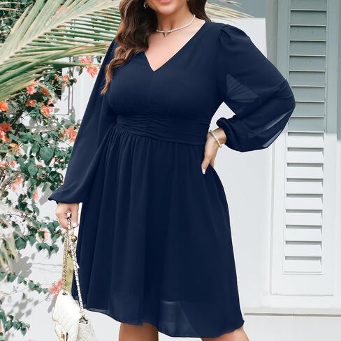 RWJ Women’s Plus Size Mini Dress 2025 Wrap V-Neck Empire Waist Long Sleeve Spring Trendy Elegant Flowy Chiffon Dresses in Saudi Arabia