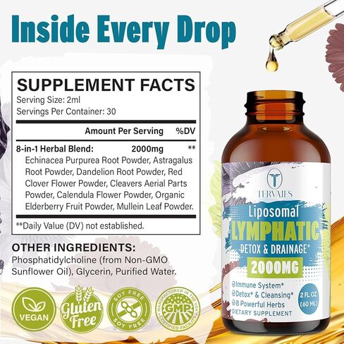 Liposomal Lymphatic Detox & Drainage Drops – 2000mg Herbal Blend with Elderberry & Echinacea – Supports Lymphatic Drainage, Immune System & Detox – 2 FL OZ in Saudi Arabia