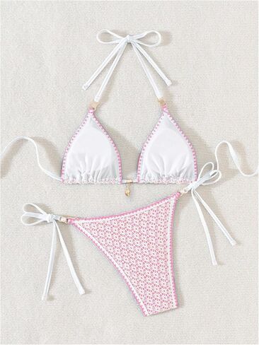 Milumia Women's Boho Triangle Bikini Set 2 Piece Halter Tie Side Bathing Suit in Kuwait