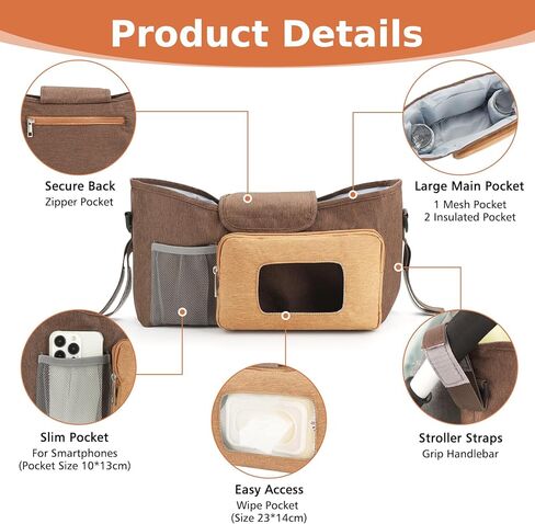 Accmor Stroller Organizer with Insulated Cup Holder, Non-Slip Universal Stroller Organizer Accessories Caddy Bag, Stroller Organizer Cup Holder for Uppababy Baby Jogger Nuna Graco Stroller in Kuwait