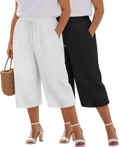Riyiper 2 Pack Women's Plus Cotton Linen Capri Pants ، Hide High Weist High Palazzo Disperting Proutser مع جيوب in Kuwait