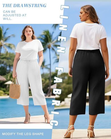 Riyiper 2 Pack Women's Plus Cotton Linen Capri Pants ، Hide High Weist High Palazzo Disperting Proutser مع جيوب in Kuwait