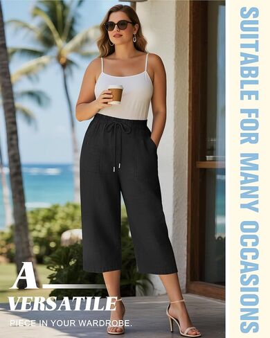 Riyiper 2 Pack Women's Plus Cotton Linen Capri Pants ، Hide High Weist High Palazzo Disperting Proutser مع جيوب in Kuwait