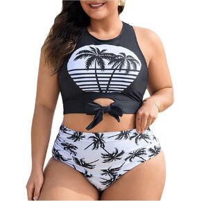 Women's Plus Size Tankini Bathing Suits Tropical High Waisted Summer Racerback Swimsuit Set