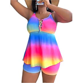 Women's Plus Size 2 Piece Ombre Tie Dye Swimsuit Tankini Sets Lace Up Bathing Suit with Boyshorts