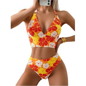 MakeMeChic Women's Floral Tankini Set Halter Ring Tie Backless Bathing Suit Swimsuits