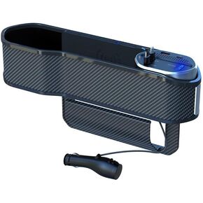 5 in 1 Car Seat Gap Filler Organizer with Wireless Charger and Cigarette Lighter, Cup Holder, Fast Charge Storage Box, 2 Retractable Charging Cables iOS Type-C USB Port