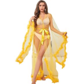 ohyeah Women Fur Robe Long Sleeve Nightgowns Tulle Lingerie Lace Sheer Mesh Long Lingerie Robes with Belt