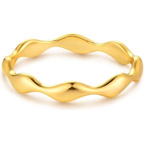 Gold Wave Ring for Women 14K Gold Plated Minimalist Stack Band Finger Jewelry Size 6-8