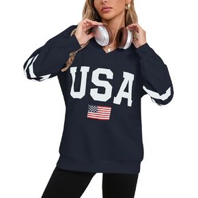 Women's Long Sleeve V Neck Colorblock Sweatshirts Loose Casual Patriotic flag Pullover Shirt