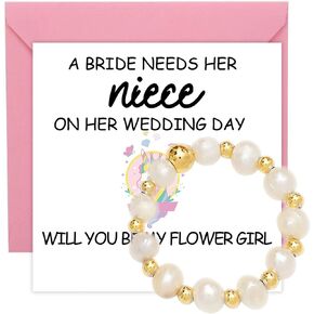 MKISHINE Will You Be My Flower Girl Card & Bracelet Set - Modern Pearl Bracelet for Niece, Flower Girl Gift