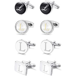LOYALLOOK 4Pairs Men's Initial L Letter Shirts Cufflinks Engraved Shirt Cufflink Alphabet Set Fashion Dazzle Tuxedo Cufflinks Business Wedding Father's DayGift