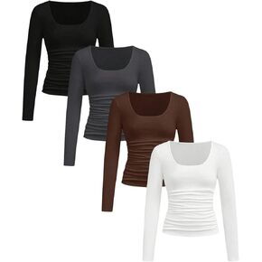 SOLY HUX Girl's 4 Piece T Shirt Square Neck Long Sleeve Ruched Tee Slim Fit Fall Tops