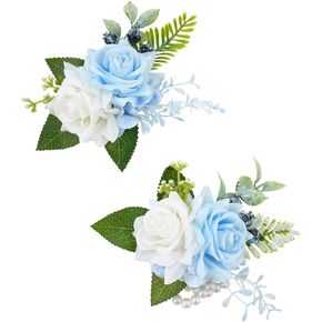 الفاتح الزرقاء الفاتحة و boutonniere مجموعة لحفل حفل زفاف ، وردة الاصطناعية زهرة المعصم الأساور ، والمعصم ، وثيقة ، و boutonniere للرجال زواج الزفاف ديكورات