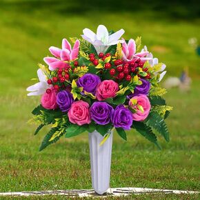 Dolicer 2 Sets Artificial Cemetery Flowers for Grave, Realistic Grave Flowers Memorial Flowers for Cemetery UV Resistant Silk Rose Lily Flowers with Vase for Cemetery Grave Decorations(Colorful)