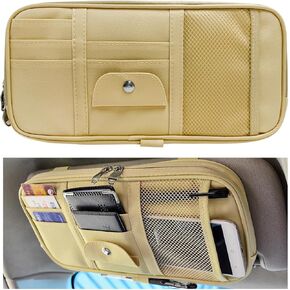 Car Sun Visor Organizer, Double Zipper Leather Visor Storage Pouch with Multi-Pocket, Sunglass Holder Storage Pocket with Elastic Band for Cars SUVs Trucks, Car Accessories (Gray)