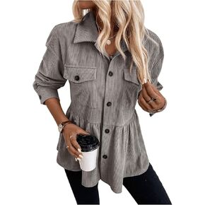 SOLY HUX Women's Corduroy Jacket Button Down Long Sleeve Peplum Ruffle Hem Jacket Outerwear with Flap Pockets