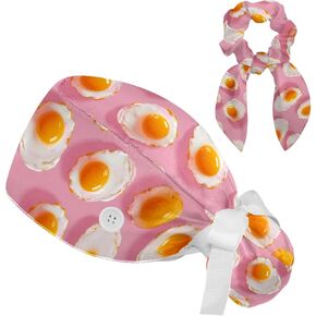 Scrub Caps Women with Button,Adjustable Bouffant Surgical Caps with Ponytail Pouch,Eggs Cartoon Fried Eggs Working Cap with Bow