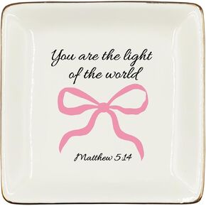 WODMIS Christian Coquette Bow Ceramic Jewelry Tray Dish, Bible Verse Preppy Jewelry Plate Ring Trinket Dish, Trendy Aesthetic Ribbon Gifts for Women Bestie Best Friends 508