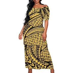 Puletasi Samoan Traditional Womens 2 Piece Outfit Skirt Sets Off Shoulder Long Dress Set Top Skirts Outfits