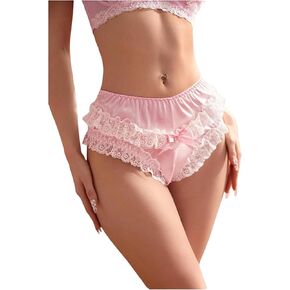 SHENHE Women's Satin Panty Ruffle Lace Trim Mid Rise Bow Underwear Silky Soft Brief