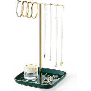 pickpiff Necklace Holder Stand with Ceramic Base: 12" Jewelry Tree Display Organizer for Necklaces, Bracelets, Rings, Earrings, Tall Gold Stand for Women, Aesthetic Room Décor