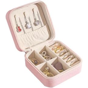 Small Portable Jewelry Box for Travel, Mini Square Jewellery Organizer with Compartments for Rings and Necklaces, Small Jewelry Storage Case, Handy Jewelry Container, Pink