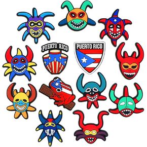 16Pcs Puerto Rico Vejigante Style Shoe Charms, Boricua Decorative Accessories for Clogs and Sandals, Puerto Rico Party Favors Gift Set for Kids and Adults, PVC Material Charms for Shoes.