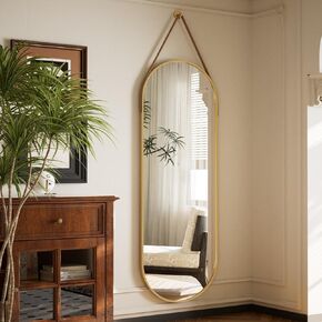 16''x48'' Oval Full Length Mirrors for Wall, Hanging Full Body Wall Mirror with Leather Strap, Aluminum Alloy Frame Full Body Mirror for Bathroom Bedroom Entryway, Gold