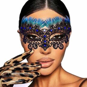 Masquerade Mask for Women Black Lace Mask Rhinestone Feather Masks Mardi Gras Party Costume Prom Ball Mask