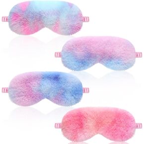 Geyoga 4 Pieces Plush Sleep Mask for Women, Comfortable Silk Furry Eye Cover, Fluffy Blindfold for Girl Sleepover Party, Night Travel, Nap Supplies, Solid
