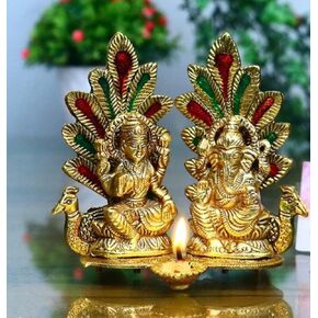 Lord Lakshmi Ganesha Idol with Diya & Peacock Made of Metal Laxmi Ganesh Oil Lamp Statue Traditional Figurine for Home Office Temple Diwali Puja Decoration Housewarming Gift