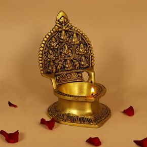 Traditional Brass Ashtalakshmi Diya for Puja Deepam Oil Lamp |Eight Forms of Lakshmi for Home| Temple Kamatchi Devi Maa [Weight:625gm Height:5inch]- Antique Ganesh Ashtalakshmi Diya