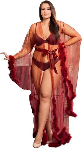 ohyeah Women Fur Robe Long Sleeve Nightgowns Tulle Lingerie Lace Sheer Mesh Long Lingerie Robes with Belt in Saudi Arabia