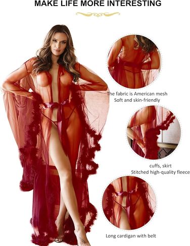ohyeah Women Fur Robe Long Sleeve Nightgowns Tulle Lingerie Lace Sheer Mesh Long Lingerie Robes with Belt in Saudi Arabia