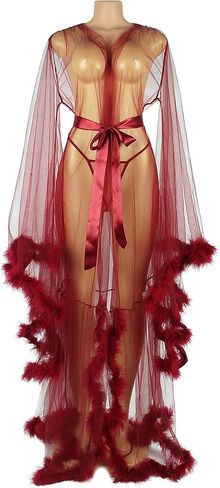 ohyeah Women Fur Robe Long Sleeve Nightgowns Tulle Lingerie Lace Sheer Mesh Long Lingerie Robes with Belt in Saudi Arabia