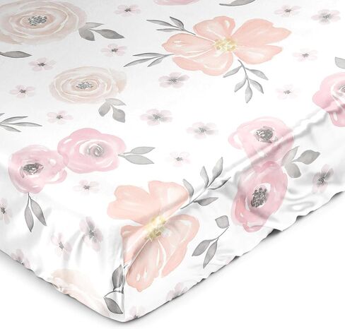 Sweet Jojo Designs Blush Pink Grey Boho Floral Girl Baby Satin Fitted Crib Sheet Infant Newborn Nursery Toddler Bed Room Standard Mattress Bohemian Farmhouse Shabby Chic Watercolor Flower Gray White in Kuwait