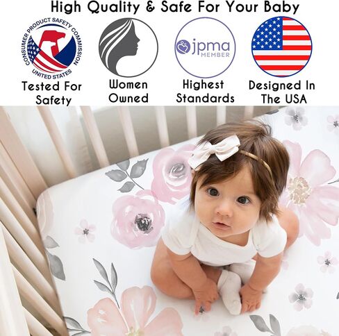 Sweet Jojo Designs Blush Pink Grey Boho Floral Girl Baby Satin Fitted Crib Sheet Infant Newborn Nursery Toddler Bed Room Standard Mattress Bohemian Farmhouse Shabby Chic Watercolor Flower Gray White in Kuwait