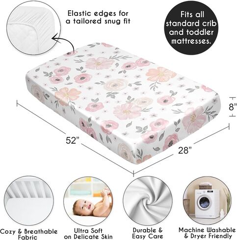 Sweet Jojo Designs Blush Pink Grey Boho Floral Girl Baby Satin Fitted Crib Sheet Infant Newborn Nursery Toddler Bed Room Standard Mattress Bohemian Farmhouse Shabby Chic Watercolor Flower Gray White in Kuwait