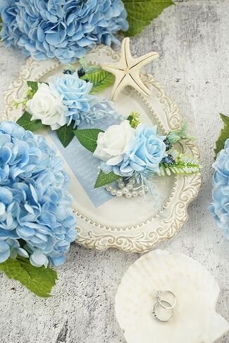 الفاتح الزرقاء الفاتحة و boutonniere مجموعة لحفل حفل زفاف ، وردة الاصطناعية زهرة المعصم الأساور ، والمعصم ، وثيقة ، و boutonniere للرجال زواج الزفاف ديكورات in Kuwait