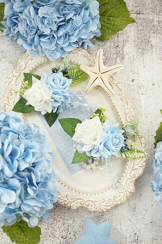 الفاتح الزرقاء الفاتحة و boutonniere مجموعة لحفل حفل زفاف ، وردة الاصطناعية زهرة المعصم الأساور ، والمعصم ، وثيقة ، و boutonniere للرجال زواج الزفاف ديكورات in Kuwait