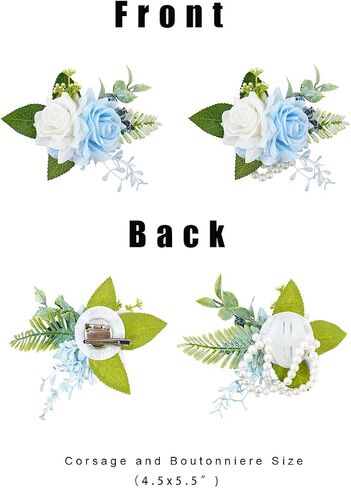 الفاتح الزرقاء الفاتحة و boutonniere مجموعة لحفل حفل زفاف ، وردة الاصطناعية زهرة المعصم الأساور ، والمعصم ، وثيقة ، و boutonniere للرجال زواج الزفاف ديكورات in Kuwait