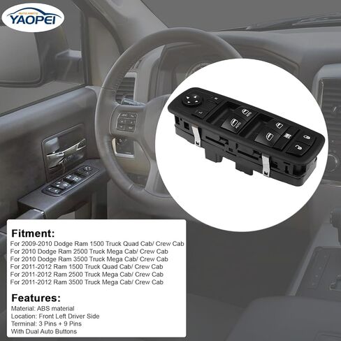 Front Left Driver Side Master Power Control Window Switch for Dodge Ram 1500 2500 3500 Truck Quad Mega Crew Cab 2009 2010 2011 2012 Replace 4602863AD 4602863AB 4602863AC 901-473 (3 Pins + 9 Pins) in Saudi Arabia