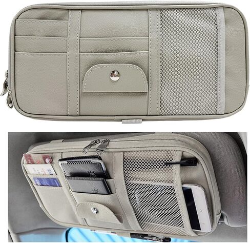 Car Sun Visor Organizer, Double Zipper Leather Visor Storage Pouch with Multi-Pocket, Sunglass Holder Storage Pocket with Elastic Band for Cars SUVs Trucks, Car Accessories (Gray) in Saudi Arabia