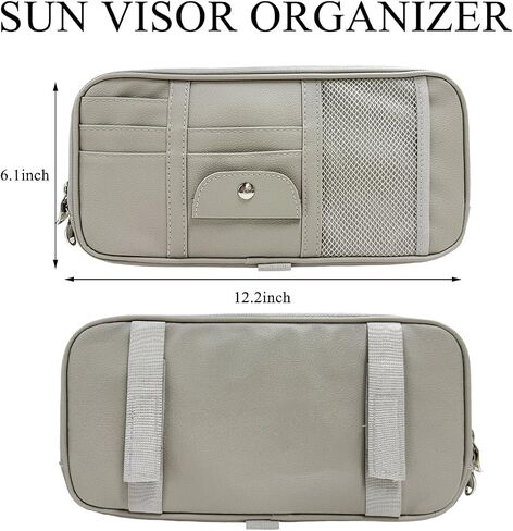 Car Sun Visor Organizer, Double Zipper Leather Visor Storage Pouch with Multi-Pocket, Sunglass Holder Storage Pocket with Elastic Band for Cars SUVs Trucks, Car Accessories (Gray) in Saudi Arabia