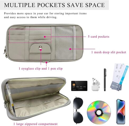 Car Sun Visor Organizer, Double Zipper Leather Visor Storage Pouch with Multi-Pocket, Sunglass Holder Storage Pocket with Elastic Band for Cars SUVs Trucks, Car Accessories (Gray) in Saudi Arabia