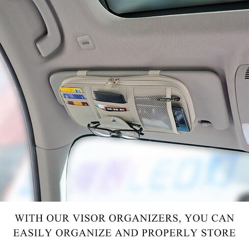 Car Sun Visor Organizer, Double Zipper Leather Visor Storage Pouch with Multi-Pocket, Sunglass Holder Storage Pocket with Elastic Band for Cars SUVs Trucks, Car Accessories (Gray) in Saudi Arabia